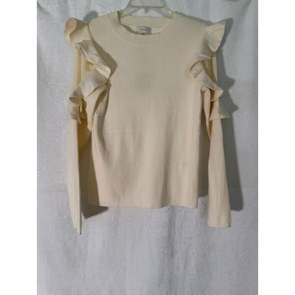 Cupio Women’s Large Ivory Ruffle Sleeve Sweater Cold Shoulder Knit NEW